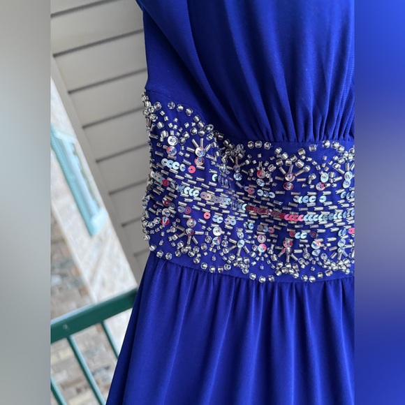 🆕 R&M Richards Royal Blue Beaded Waist Maxi Evening Gown Size 14P Formal Dress - Picture 11 of 17